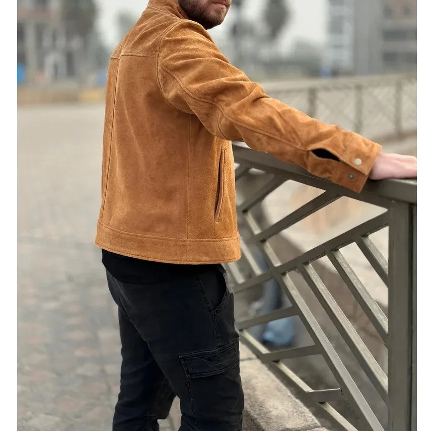 Lorry Genuine Tan Suede Leather Jacket Men Biker Motorcycle