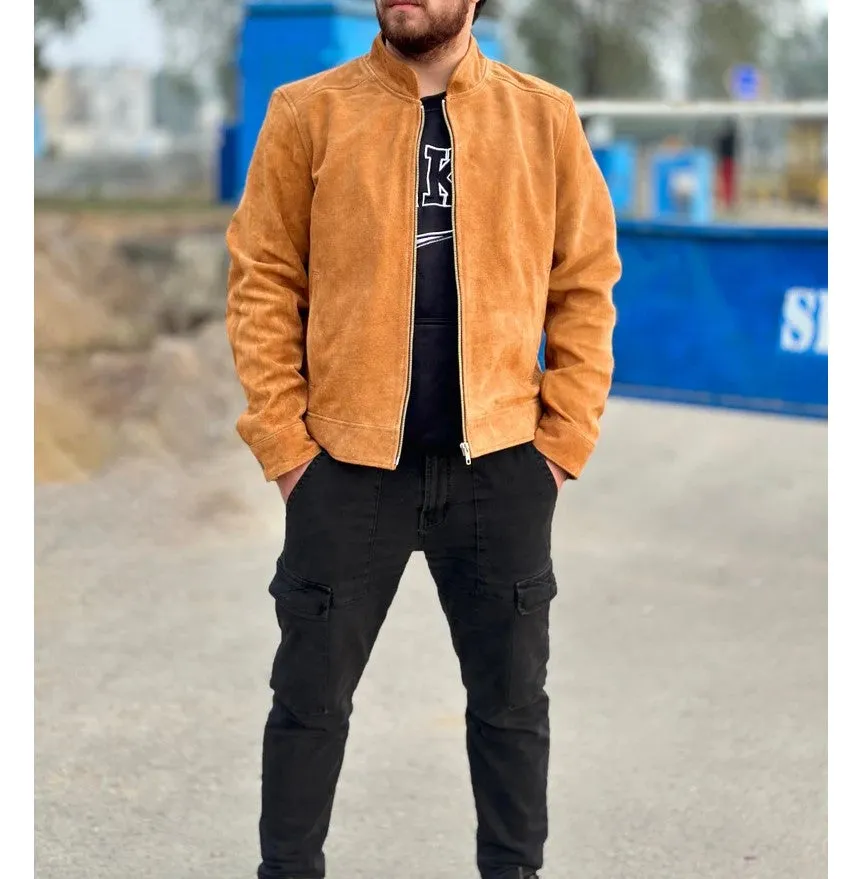 Lorry Genuine Tan Suede Leather Jacket Men Biker Motorcycle
