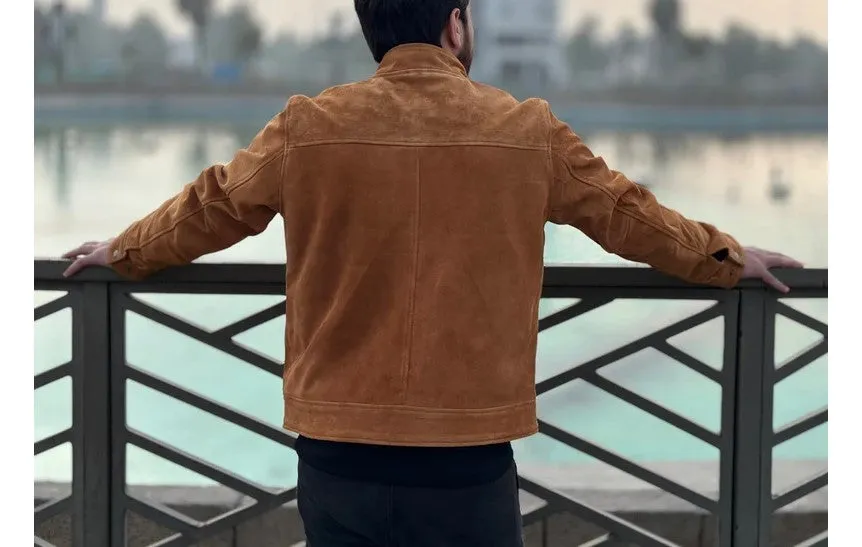 Lorry Genuine Tan Suede Leather Jacket Men Biker Motorcycle