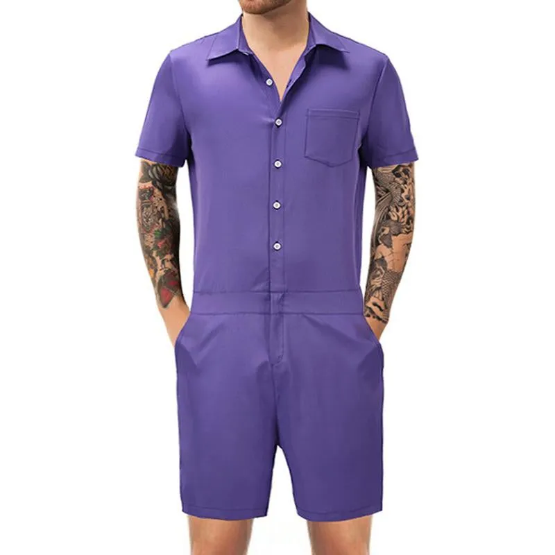 Men's Casual Solid Color Short-Sleeved Jumpsuit 64697127Y