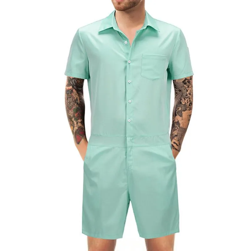 Men's Casual Solid Color Short-Sleeved Jumpsuit 64697127Y