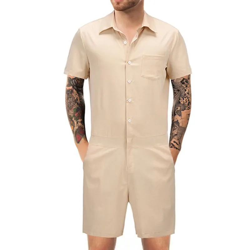 Men's Casual Solid Color Short-Sleeved Jumpsuit 64697127Y
