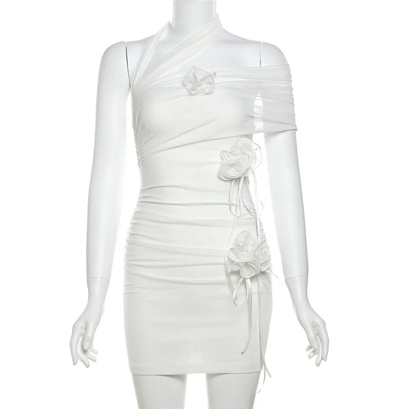 Mesh Off-Shoulder Halter Neck Flower Bodycon Dress