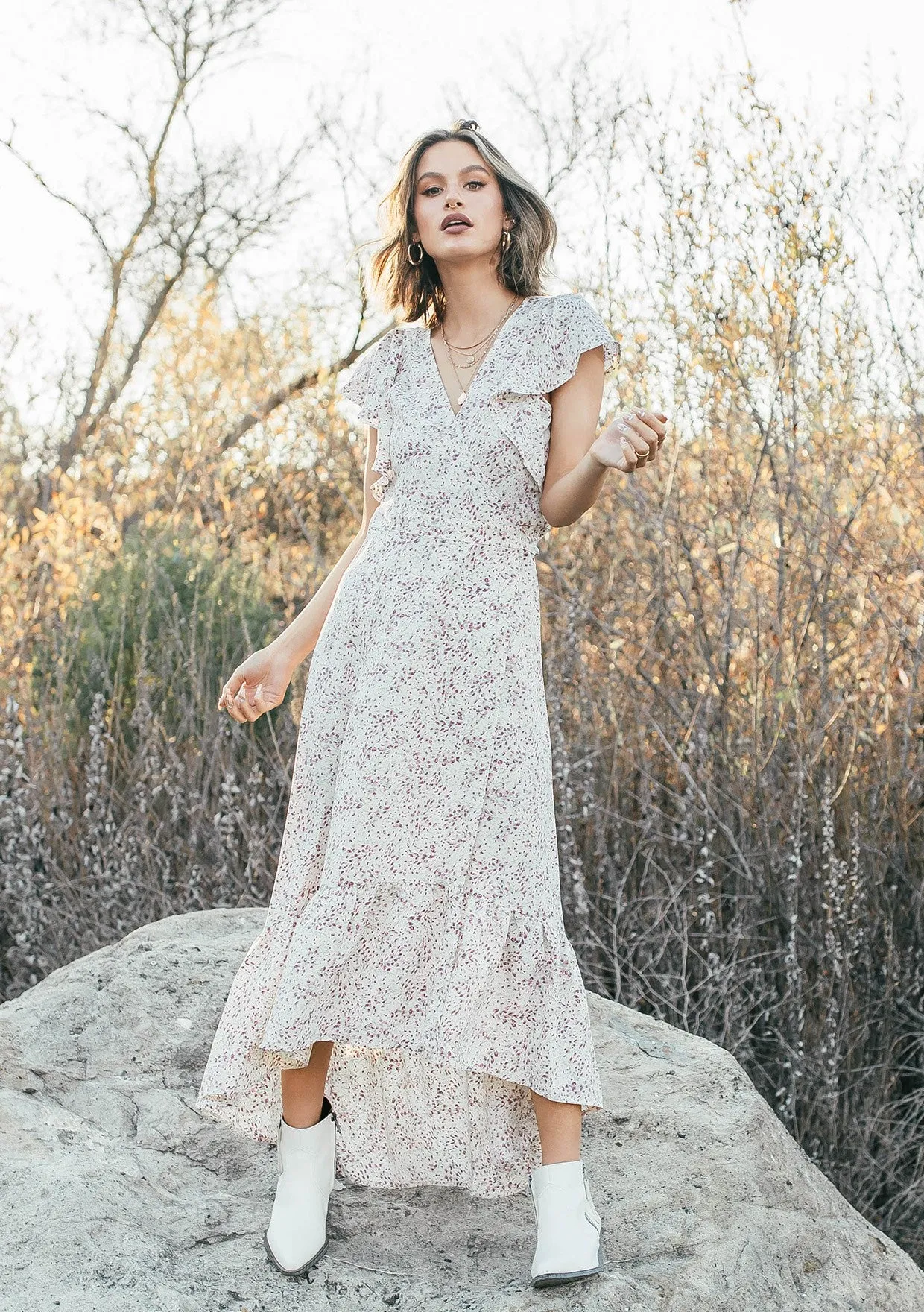 Mini Floral Print High Low Wrap Maxi Dress