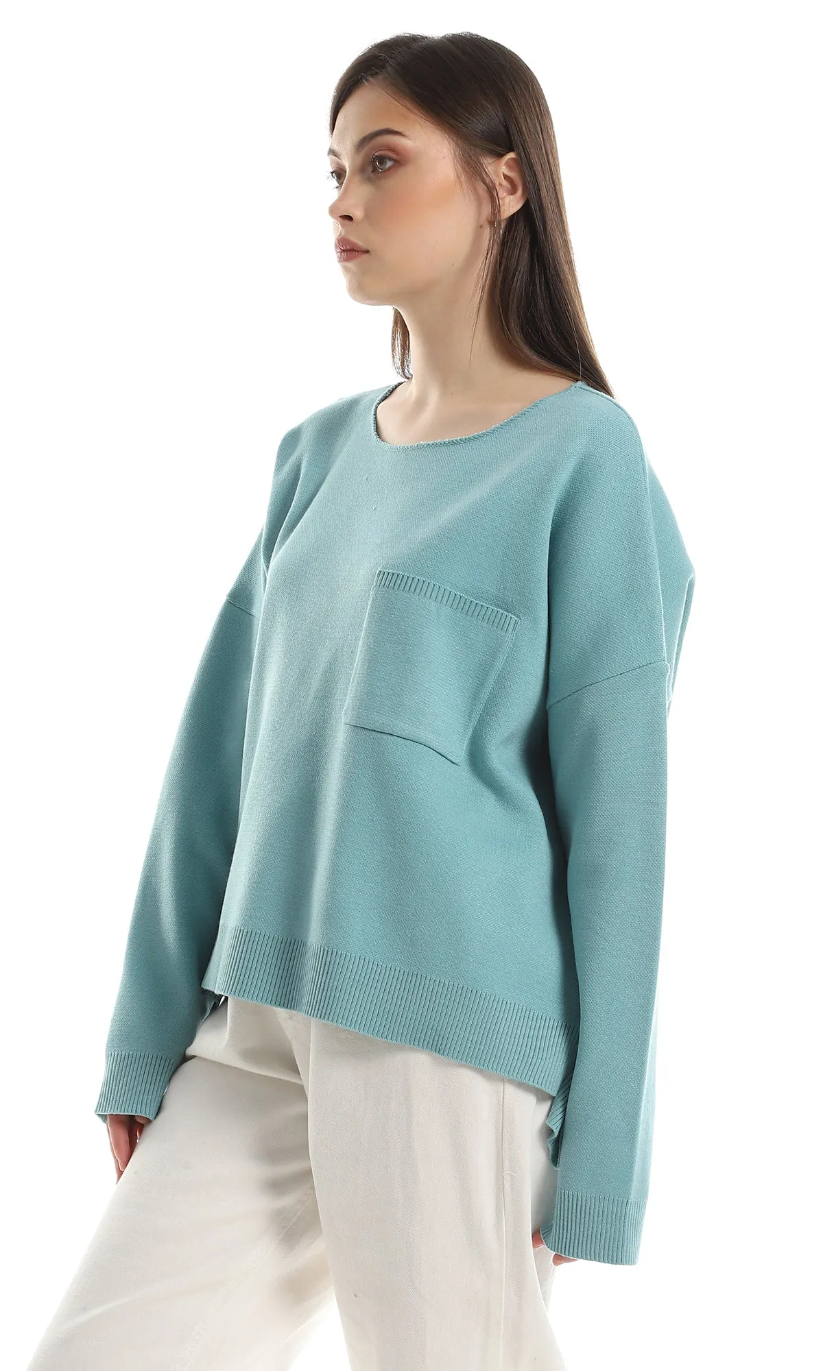 O162572 Side Slits With Ribbed Trim Pullover - Light Turquoise