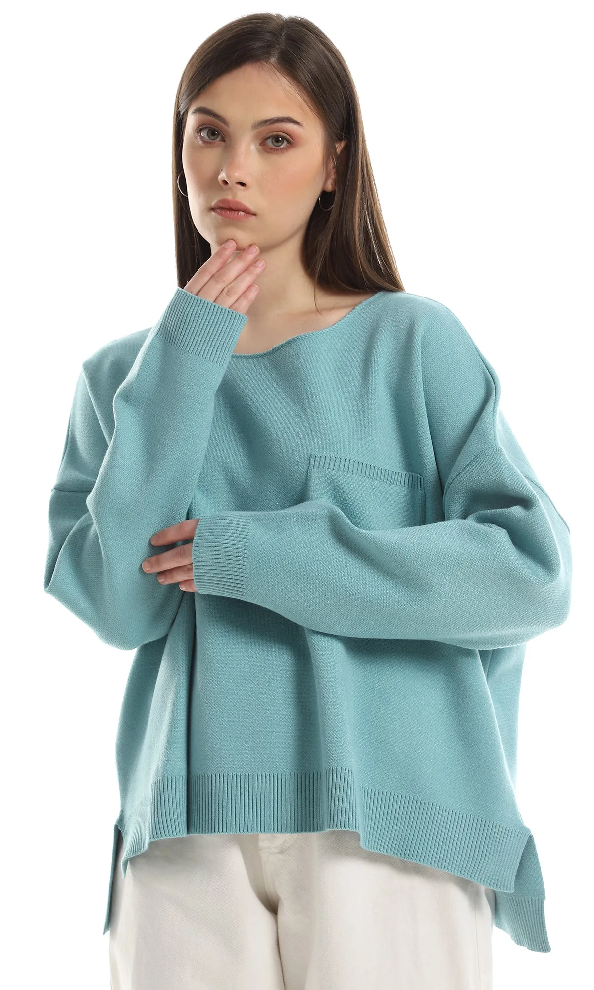 O162572 Side Slits With Ribbed Trim Pullover - Light Turquoise