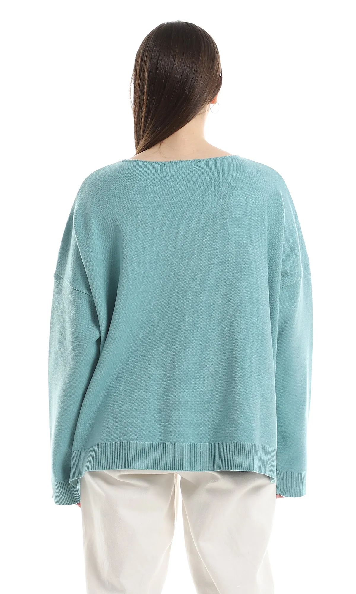 O162572 Side Slits With Ribbed Trim Pullover - Light Turquoise
