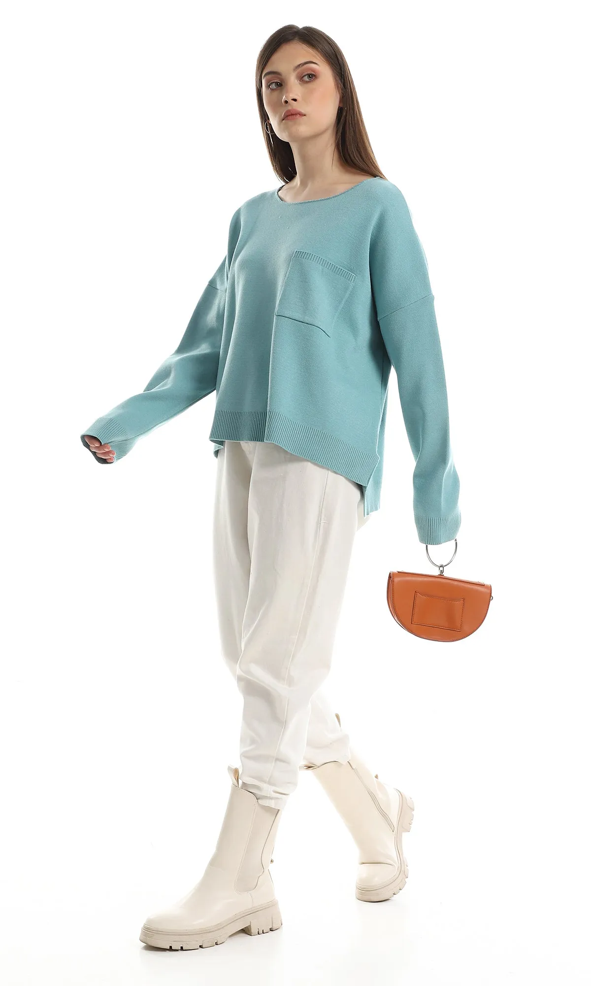 O162572 Side Slits With Ribbed Trim Pullover - Light Turquoise