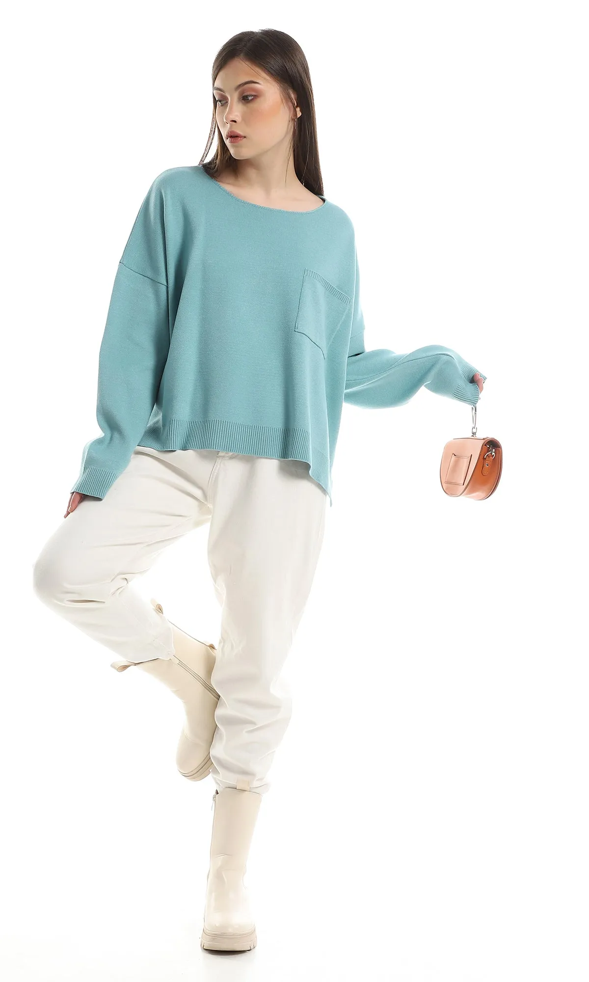 O162572 Side Slits With Ribbed Trim Pullover - Light Turquoise
