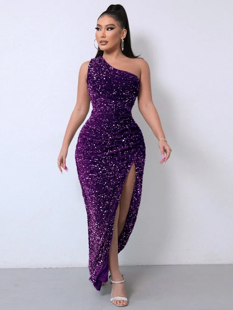One Shoulder Wrap Split Thigh Sequin Formal Dress Important Occasion Dress