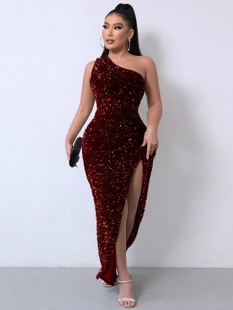 One Shoulder Wrap Split Thigh Sequin Formal Dress Important Occasion Dress