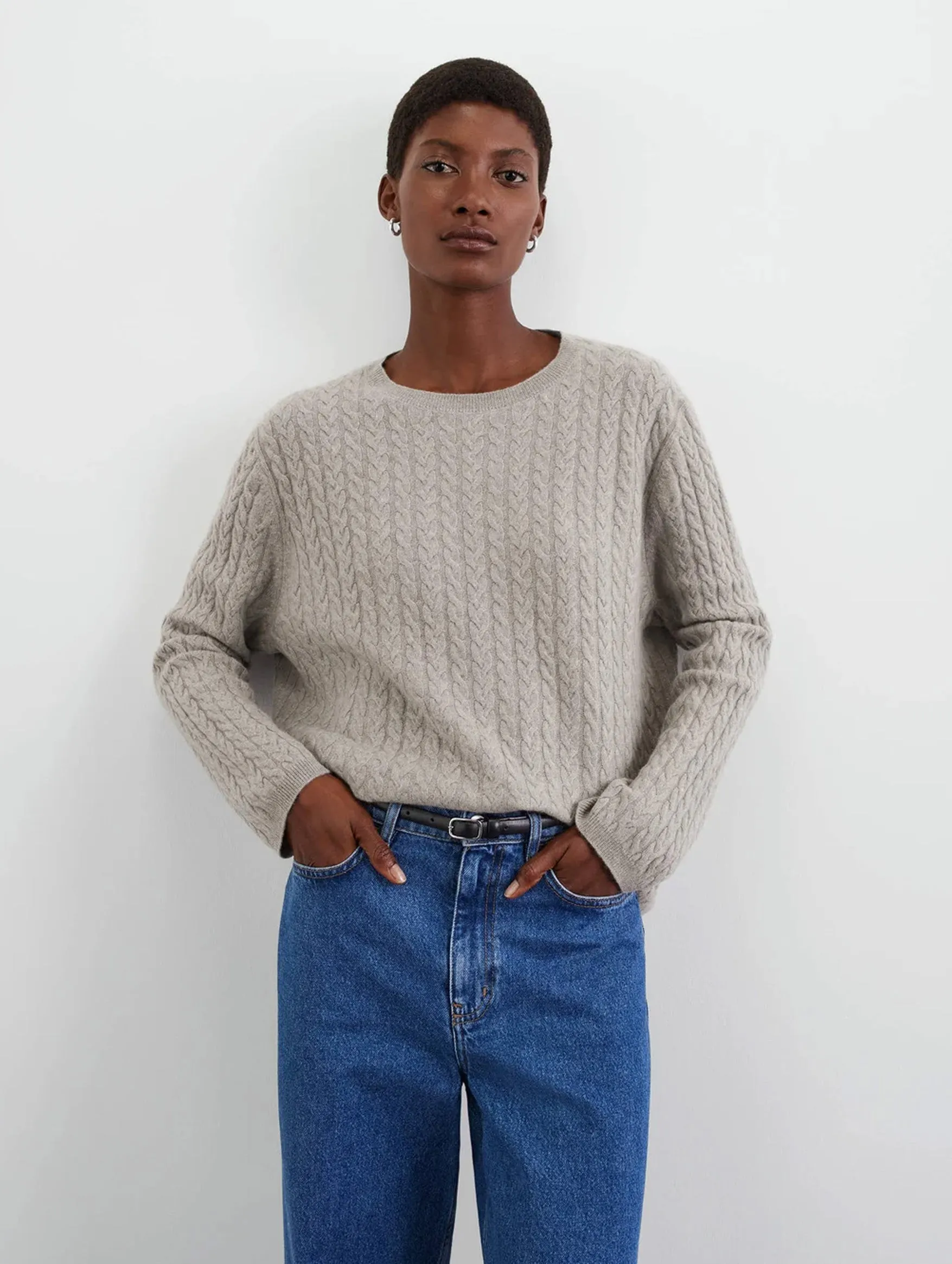 Oversized Cable Cashmere Sweater in Greige