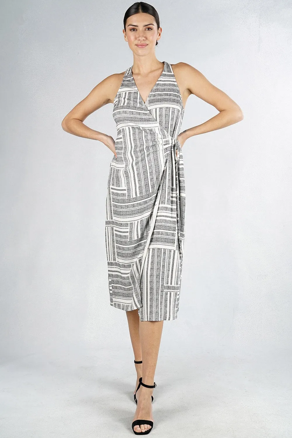 Patchwork Stripe Racerback Wrap Midi Dress