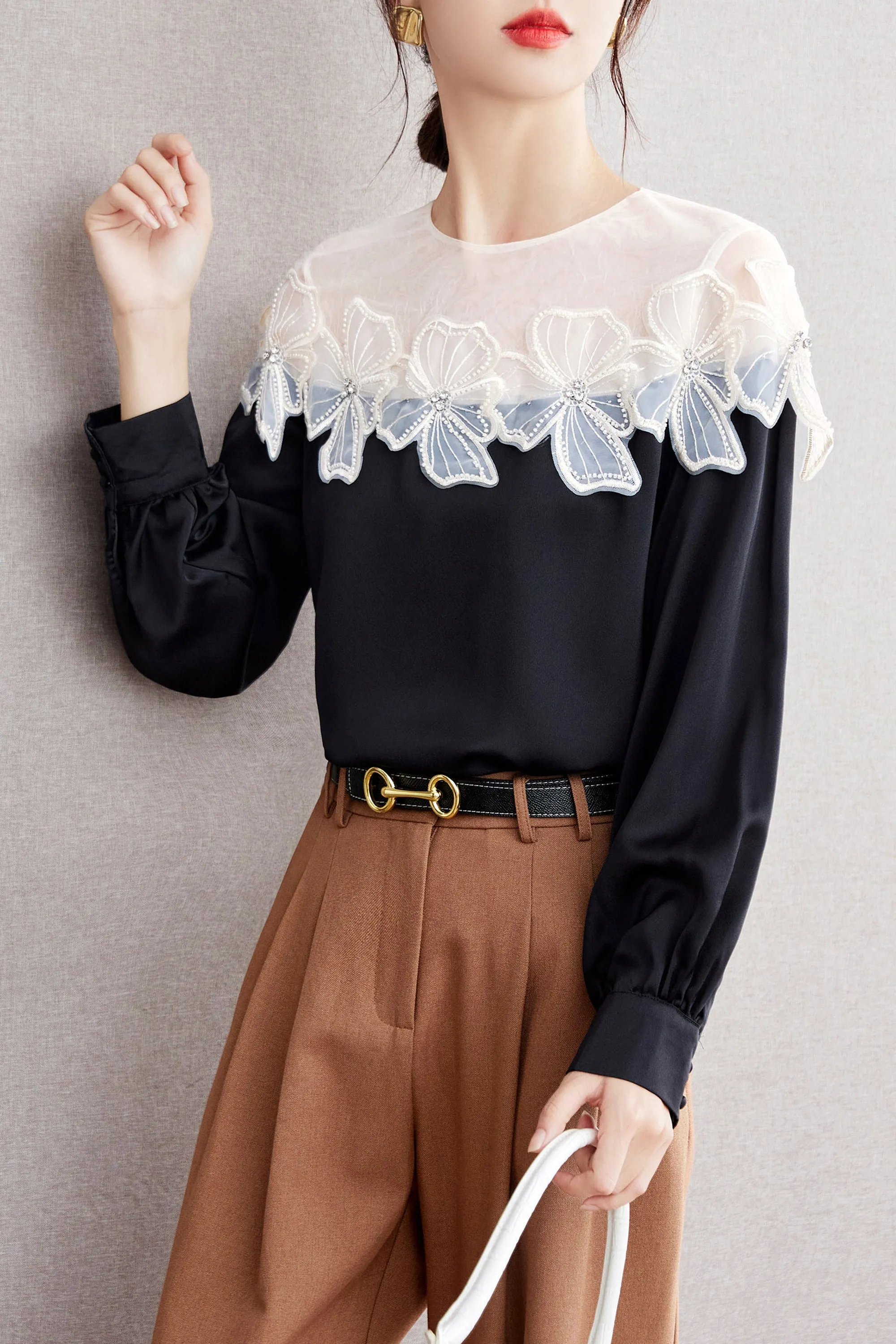 Patchwork Tunic Shirt Print Round Neck Blouse