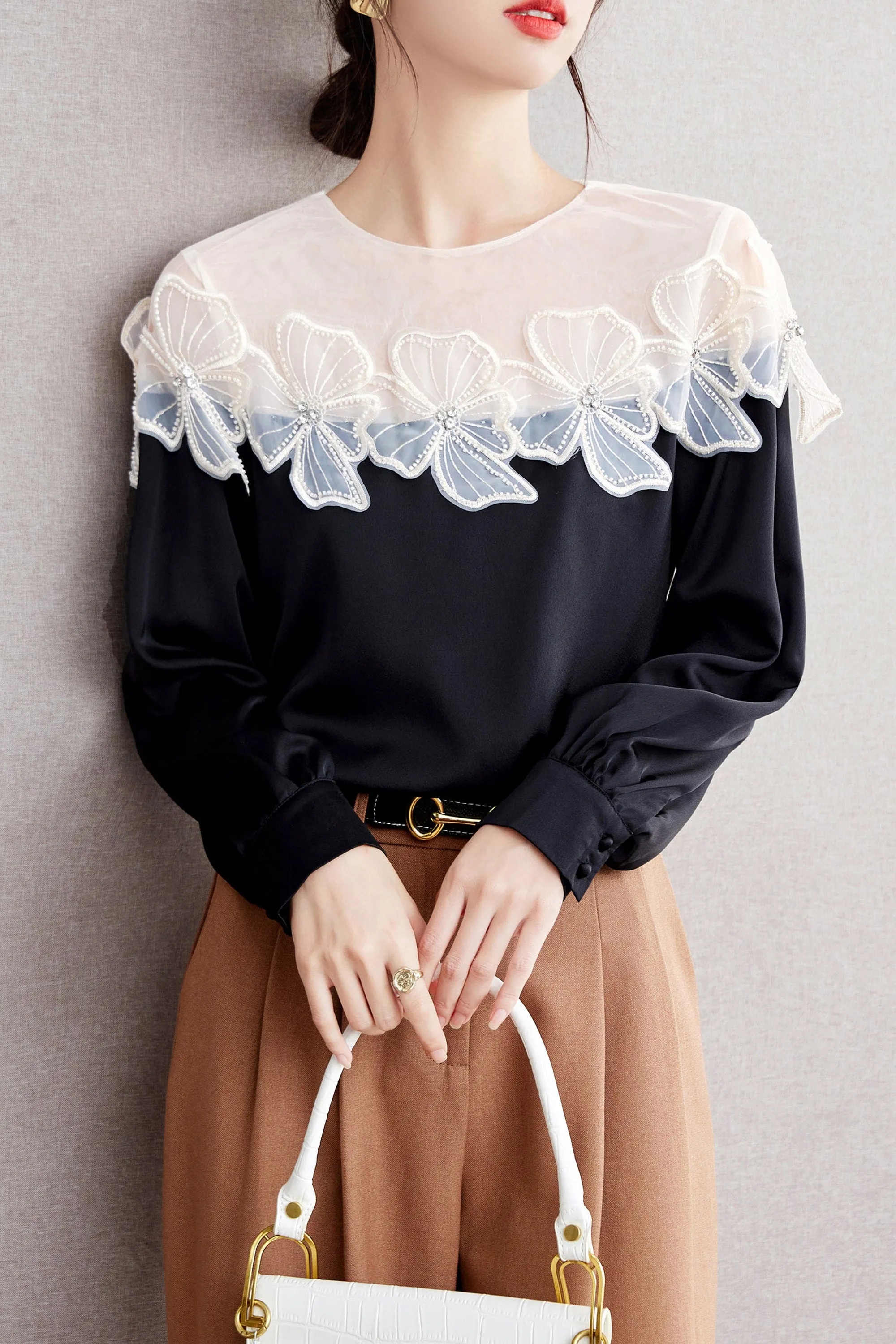 Patchwork Tunic Shirt Print Round Neck Blouse