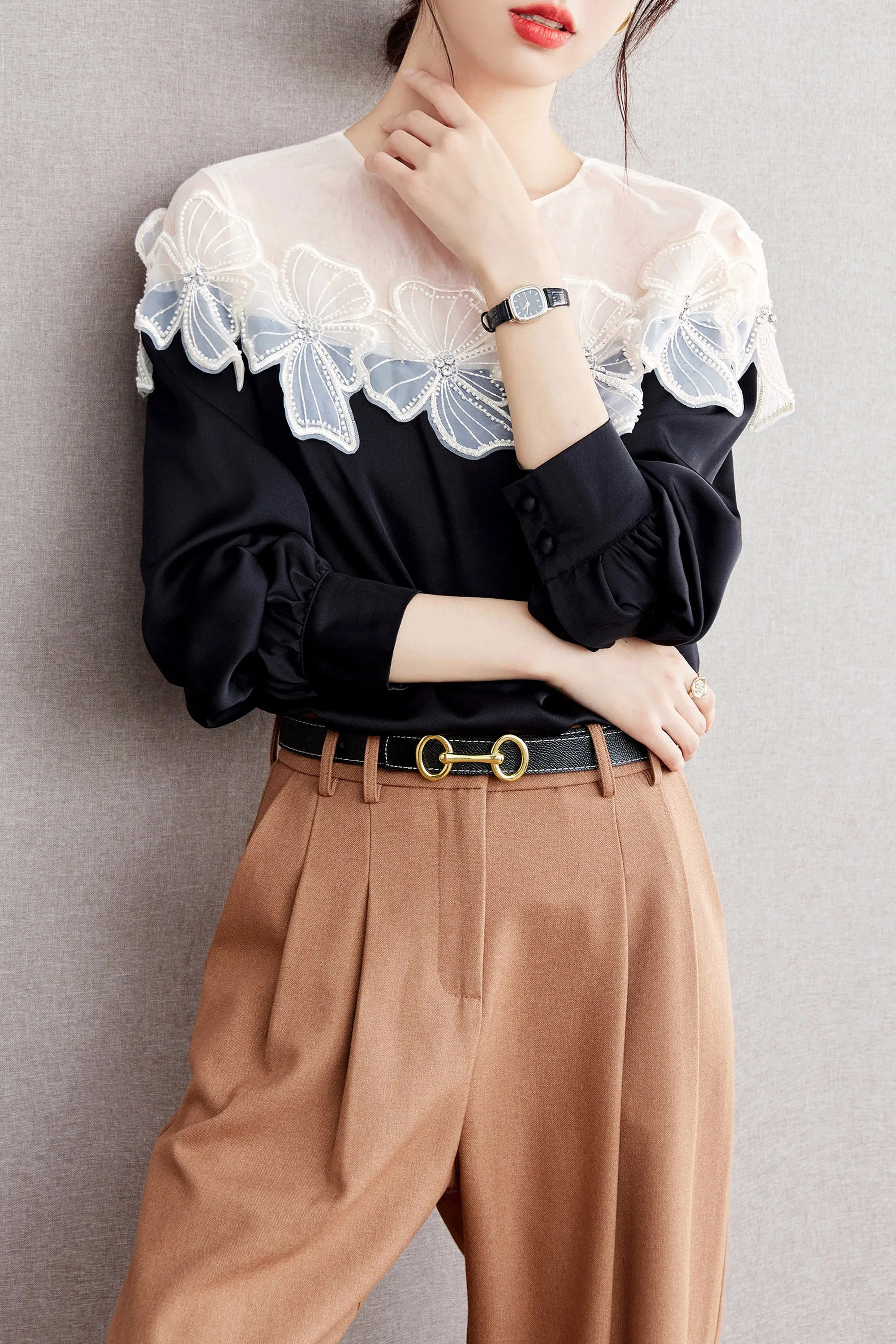 Patchwork Tunic Shirt Print Round Neck Blouse