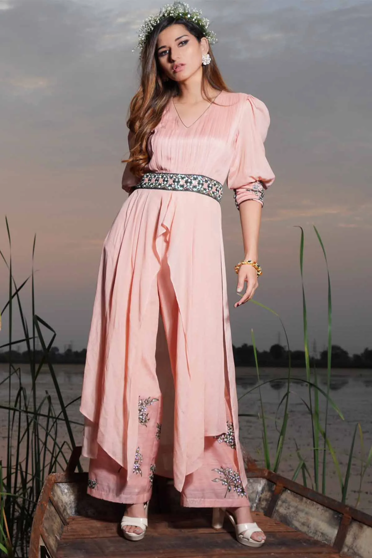 Peach Flared V-Neck Jumpsuit