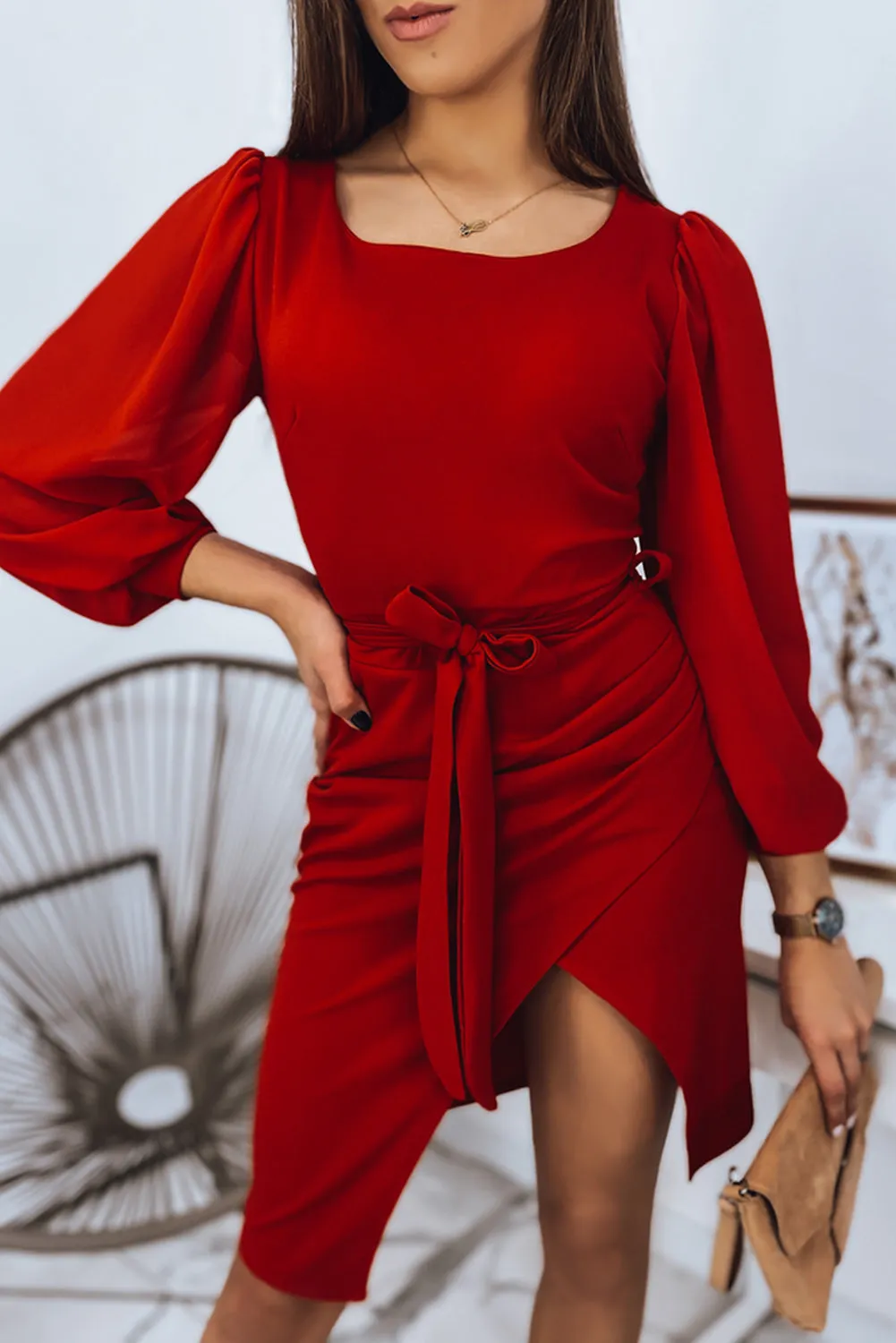 Puff Mesh Sleeve Waist Tie Wrap Dress