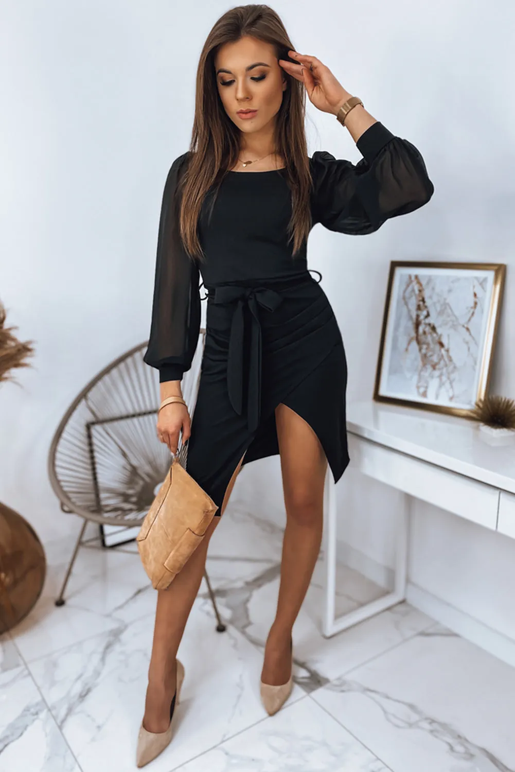 Puff Mesh Sleeve Waist Tie Wrap Dress