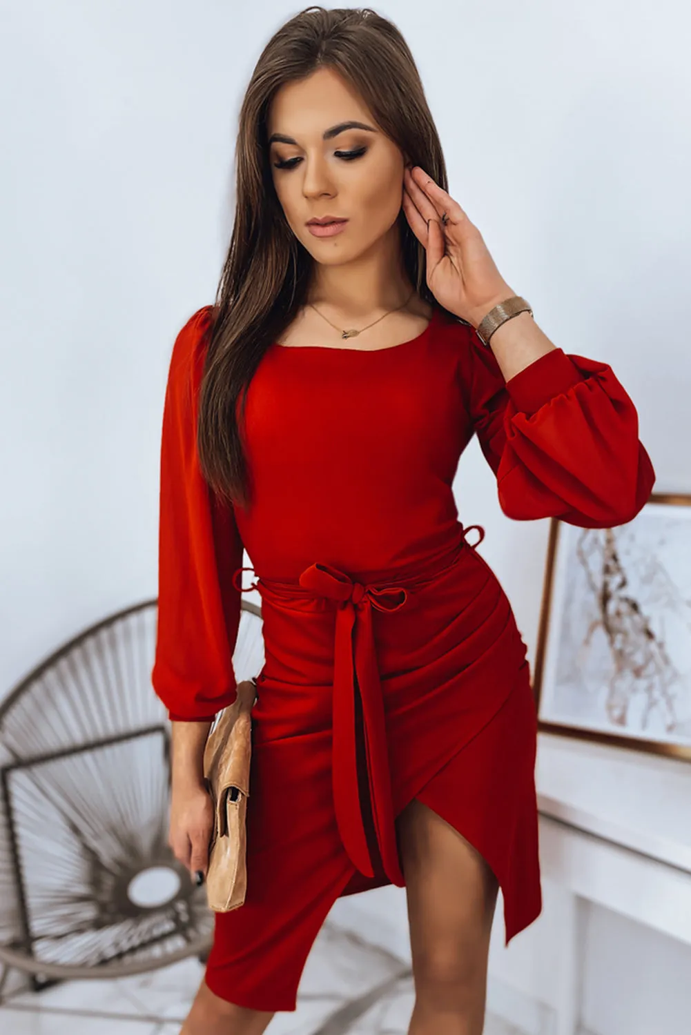 Puff Mesh Sleeve Waist Tie Wrap Dress