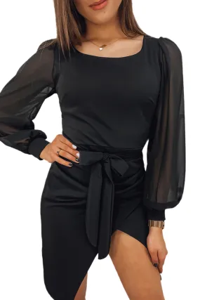 Puff Mesh Sleeve Waist Tie Wrap Dress