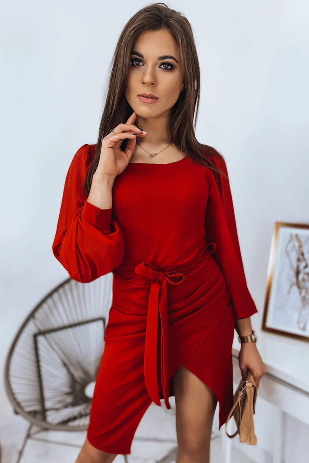 Puff Mesh Sleeve Waist Tie Wrap Dress