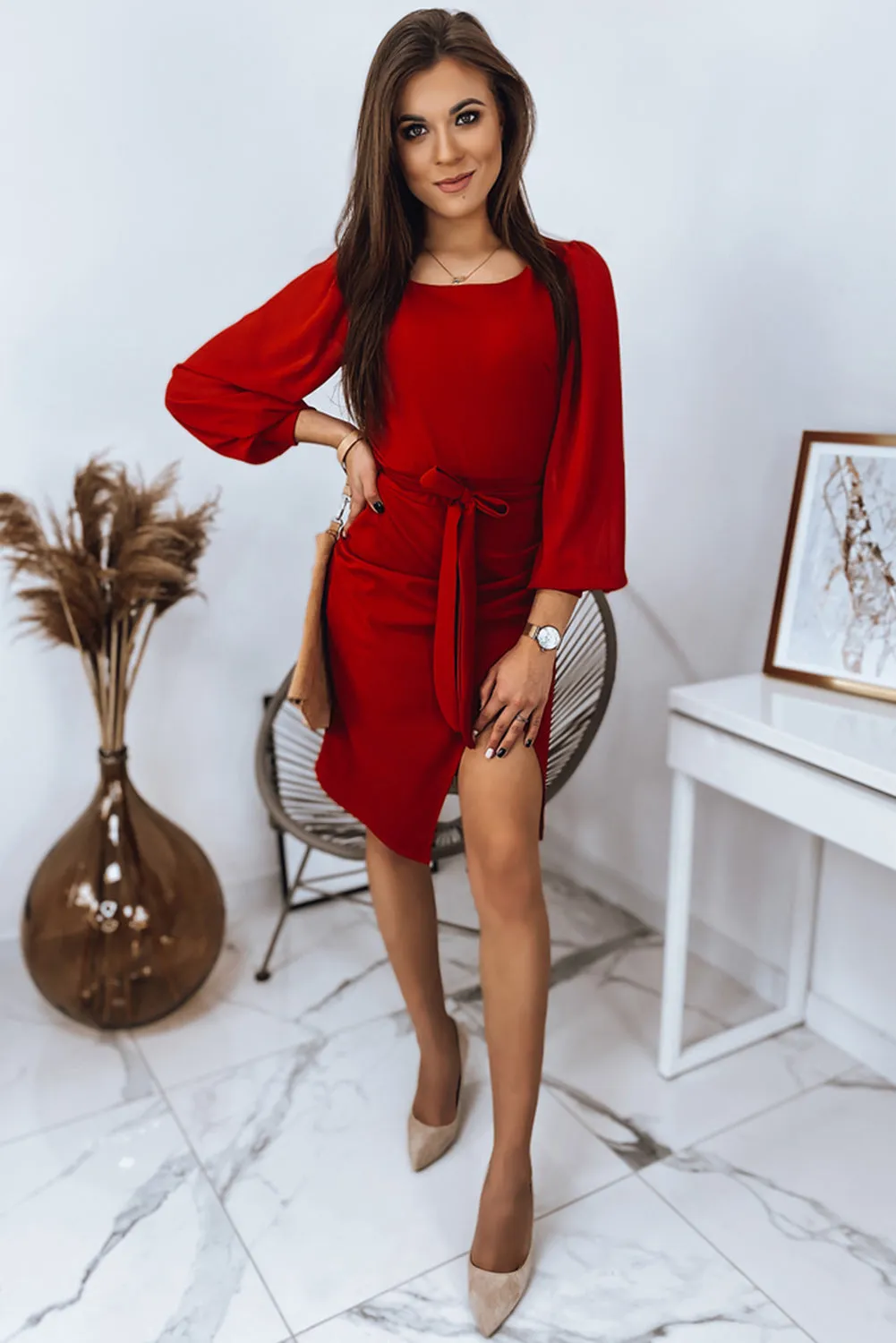 Puff Mesh Sleeve Waist Tie Wrap Dress
