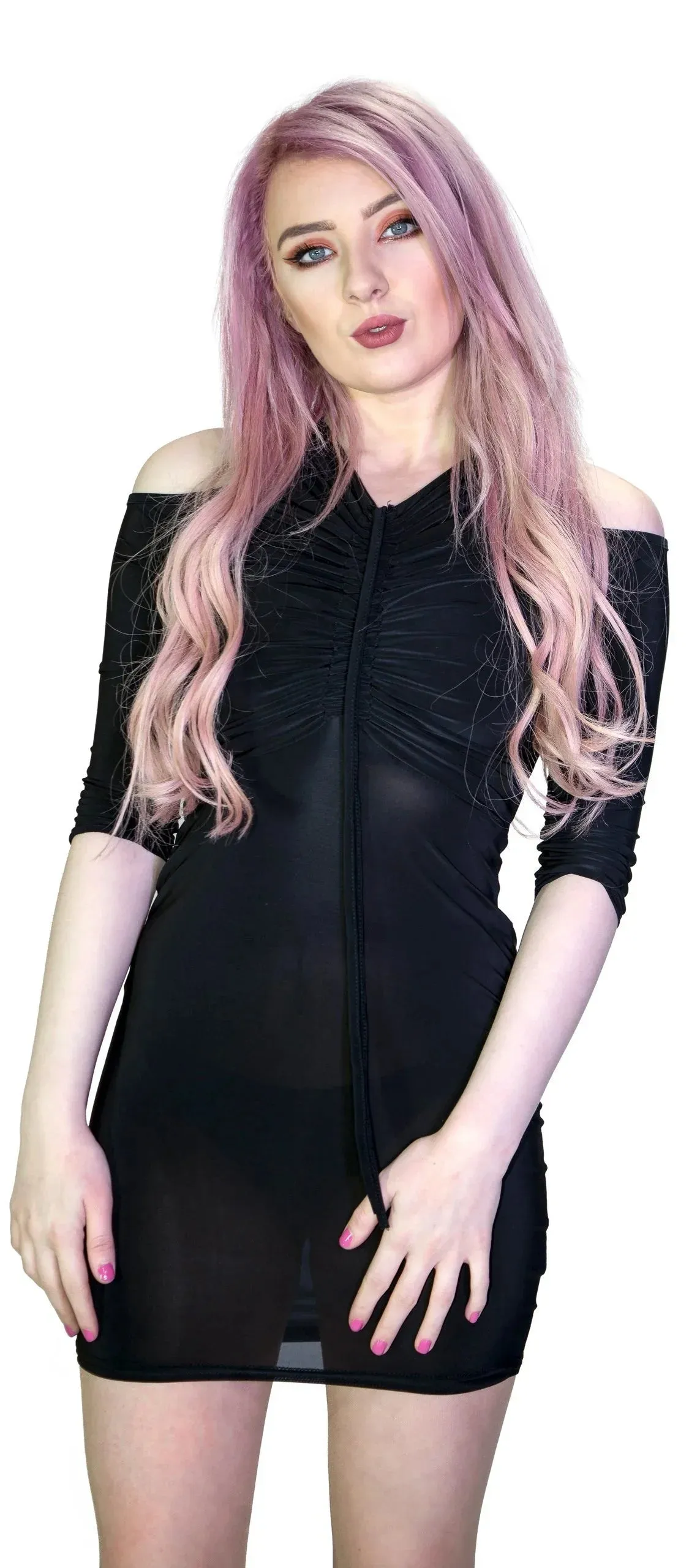 Ruched Cold Shoulder Bodycon Dress with Invisible Zip and Long Sleeves