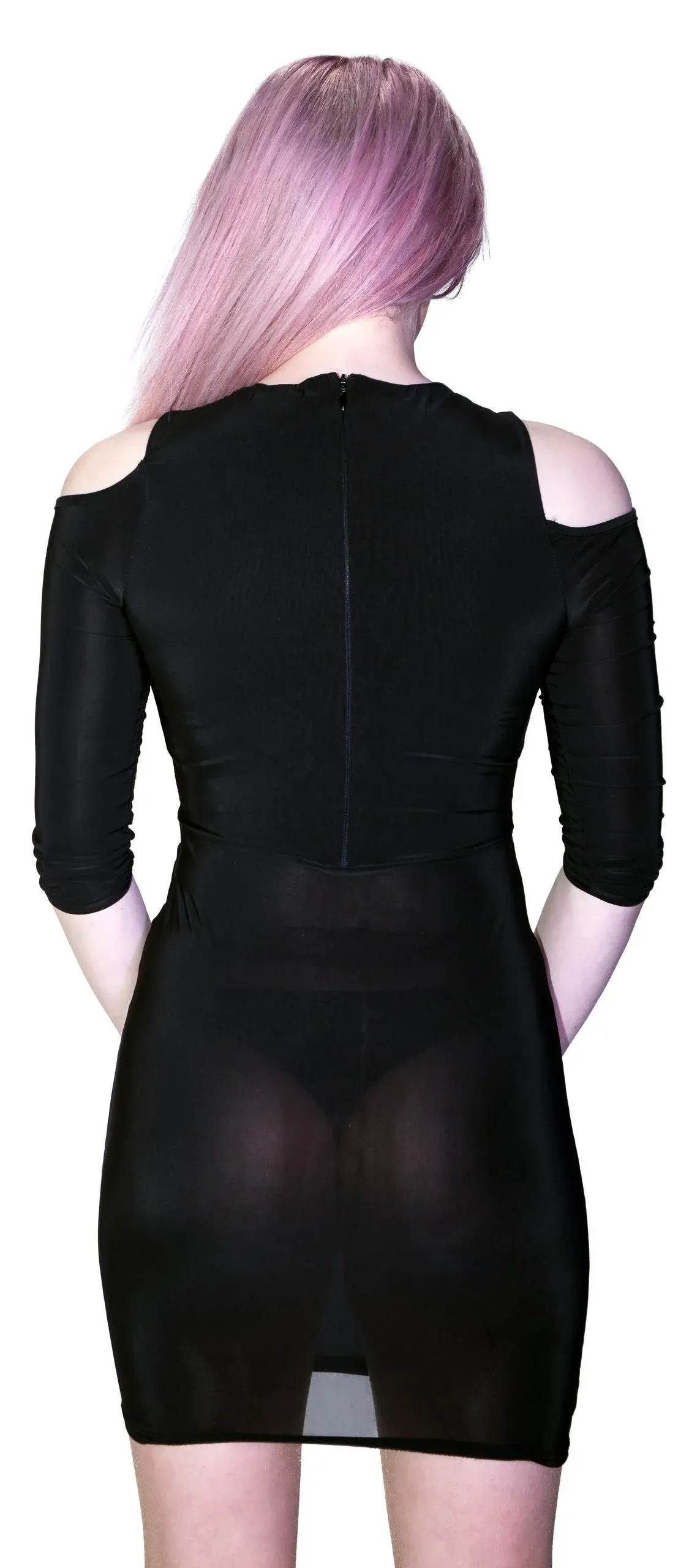 Ruched Cold Shoulder Bodycon Dress with Invisible Zip and Long Sleeves