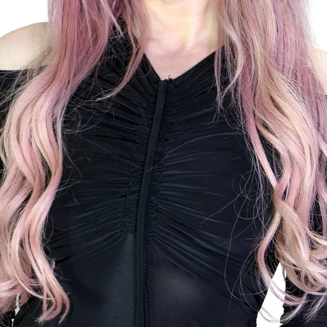 Ruched Cold Shoulder Bodycon Dress with Invisible Zip and Long Sleeves