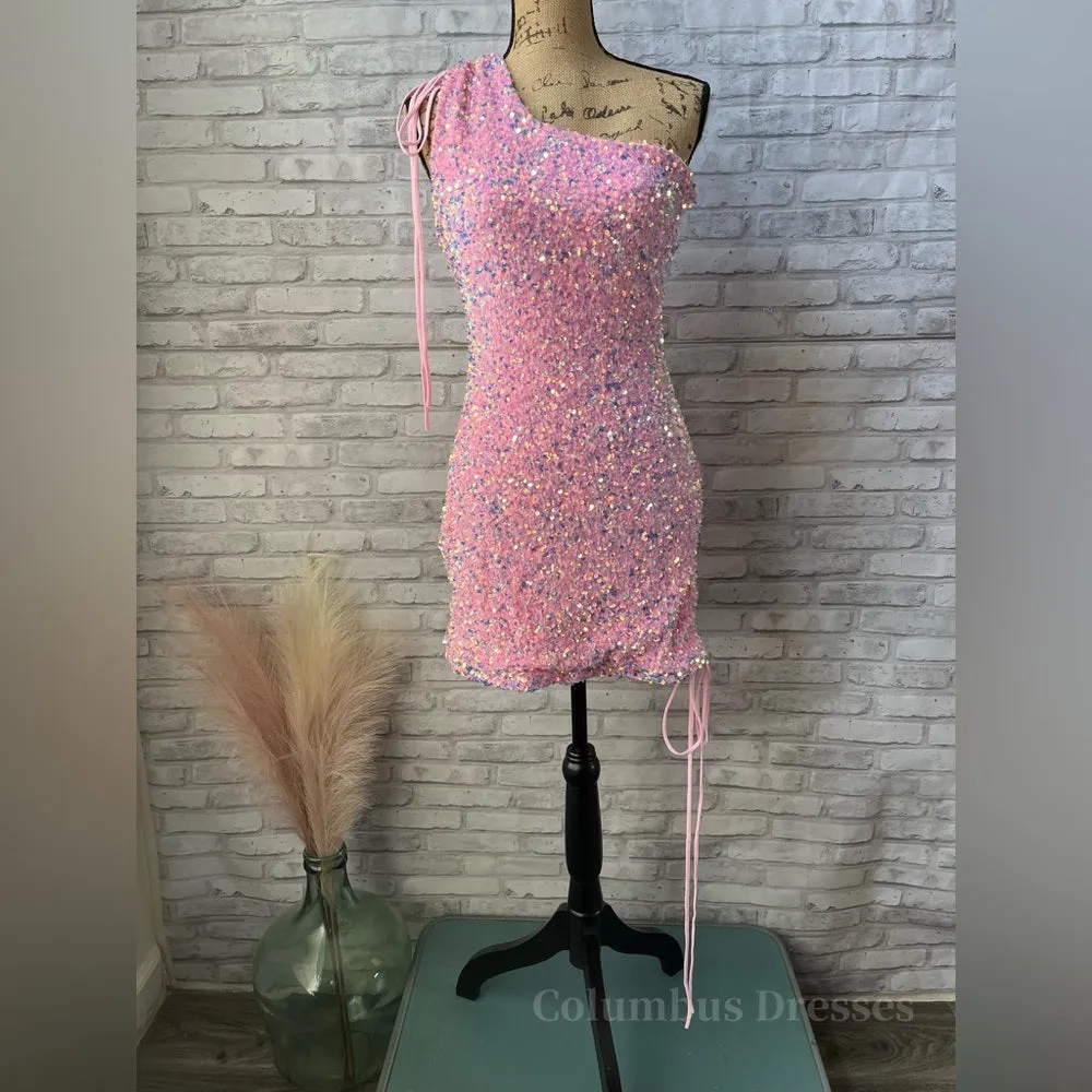 Ruched One Shoulder and Hem Pink Sequin Mini Dress