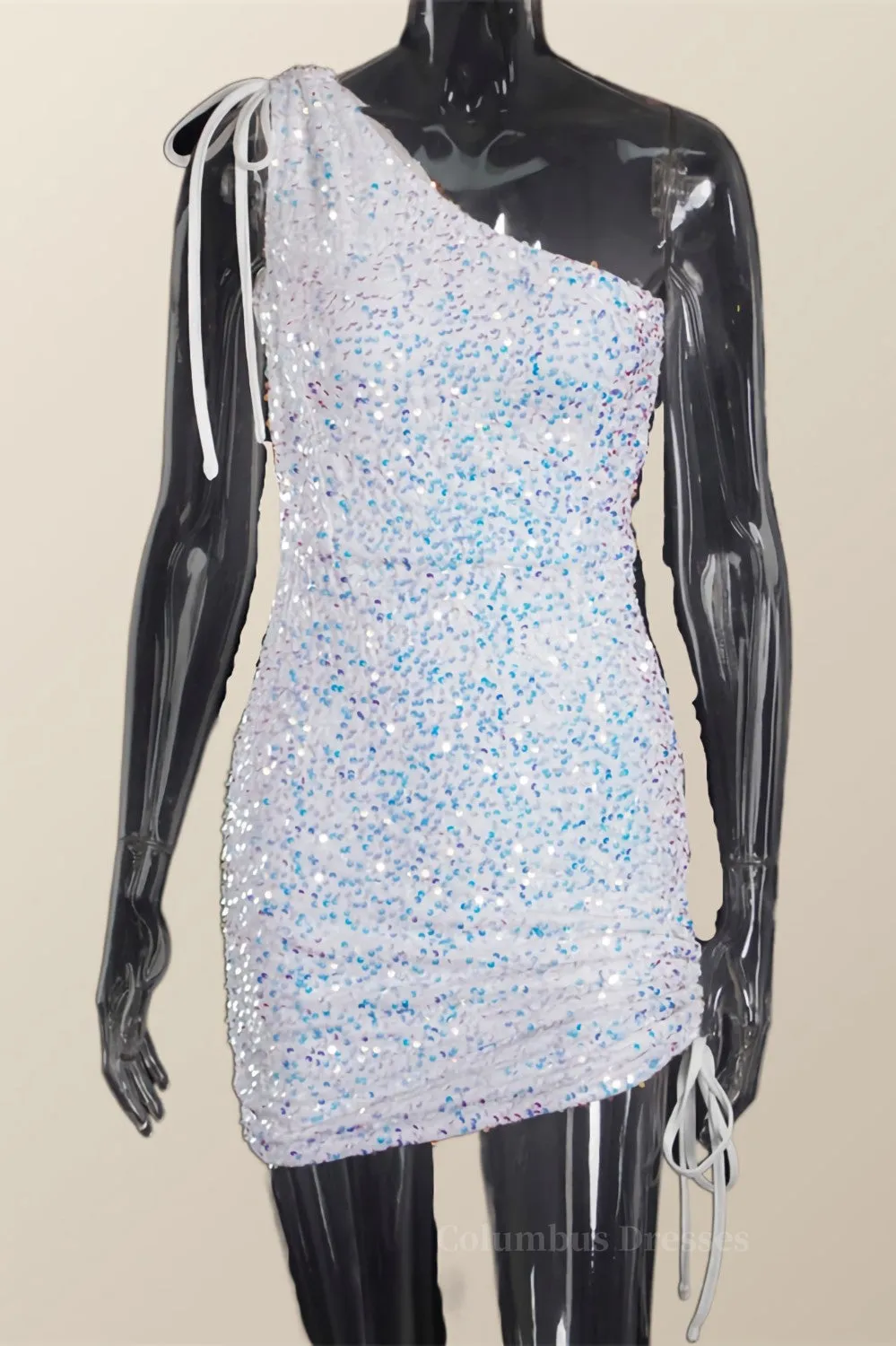 Ruched One Shoulder and Hem Pink Sequin Mini Dress