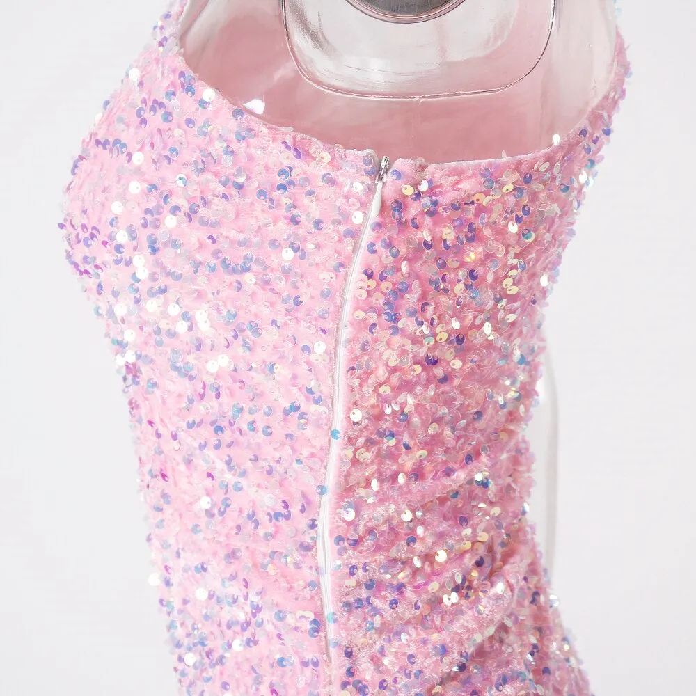 Ruched One Shoulder and Hem Pink Sequin Mini Dress