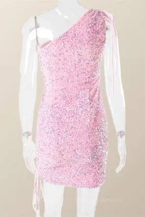 Ruched One Shoulder and Hem Pink Sequin Mini Dress