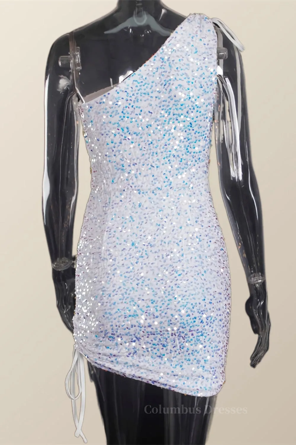 Ruched One Shoulder and Hem Pink Sequin Mini Dress