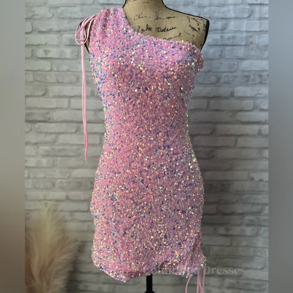 Ruched One Shoulder and Hem Pink Sequin Mini Dress