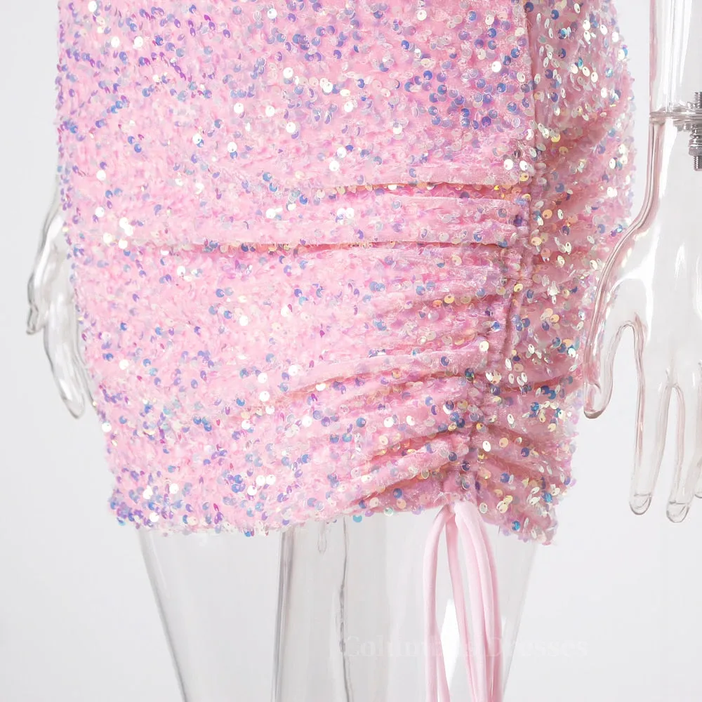 Ruched One Shoulder and Hem Pink Sequin Mini Dress
