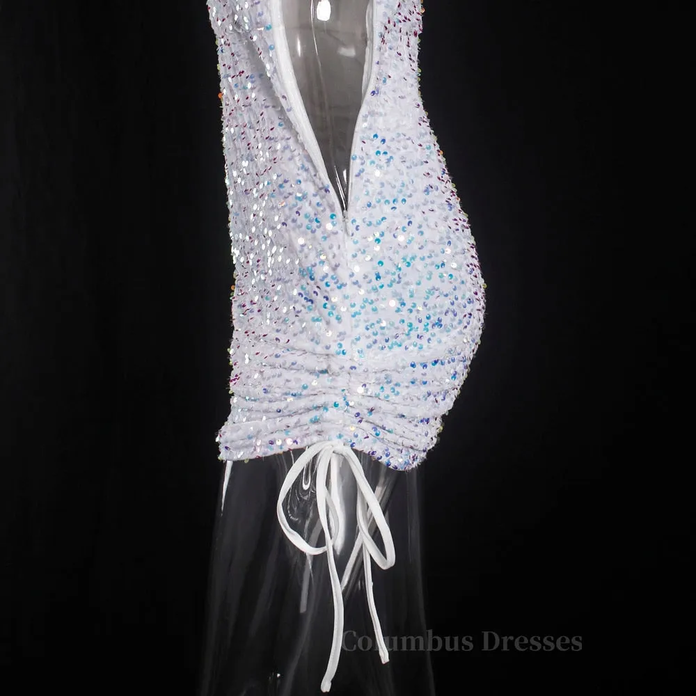 Ruched One Shoulder and Hem Pink Sequin Mini Dress