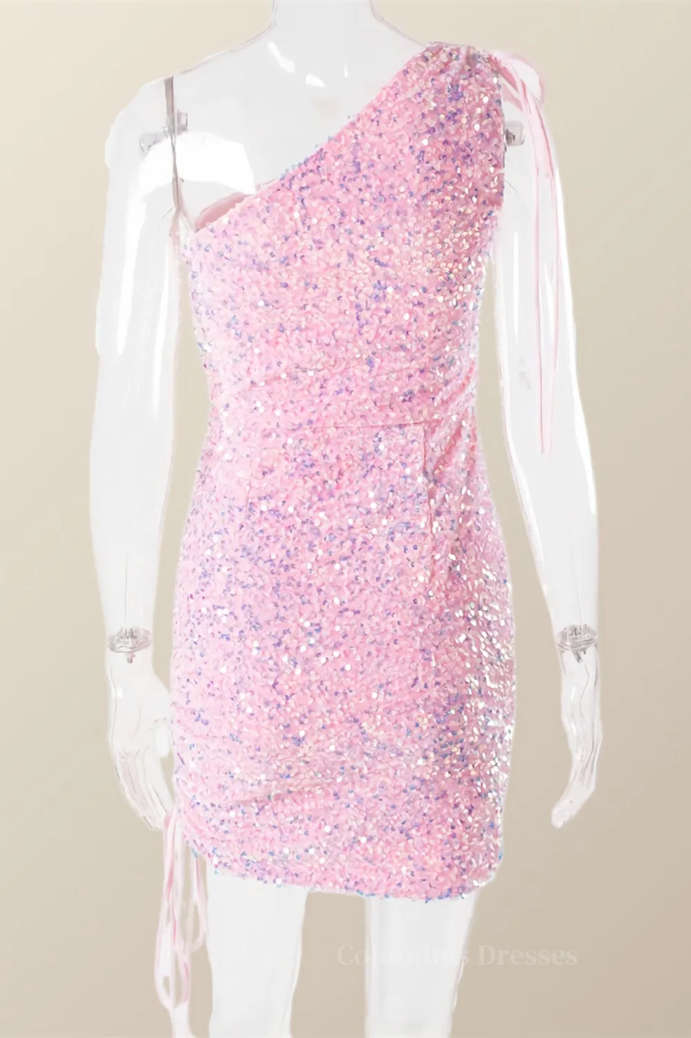 Ruched One Shoulder and Hem Pink Sequin Mini Dress