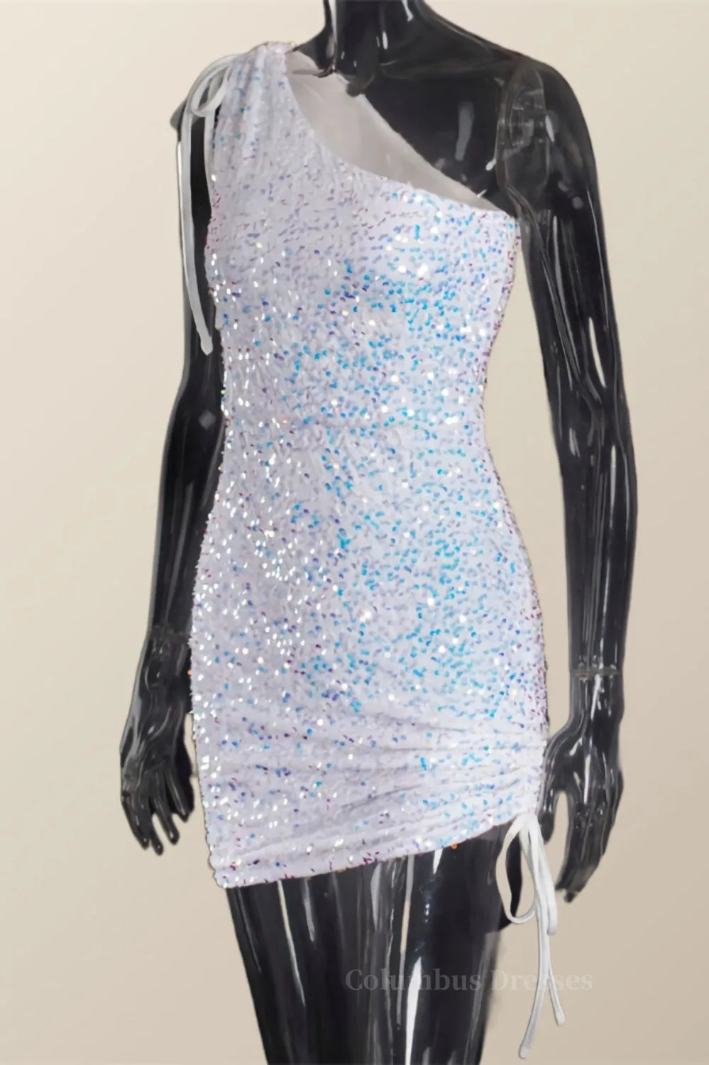Ruched One Shoulder and Hem Pink Sequin Mini Dress