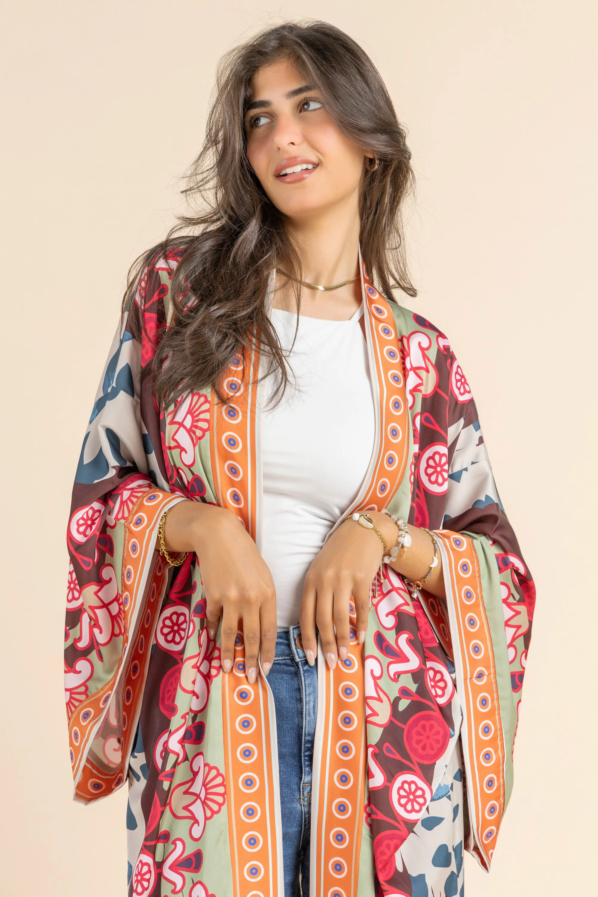 Satin Beige Blossom Kimono