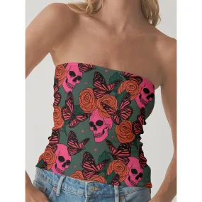 Skulls, Butterflies, And Flowers Double-Layer Strapless Top