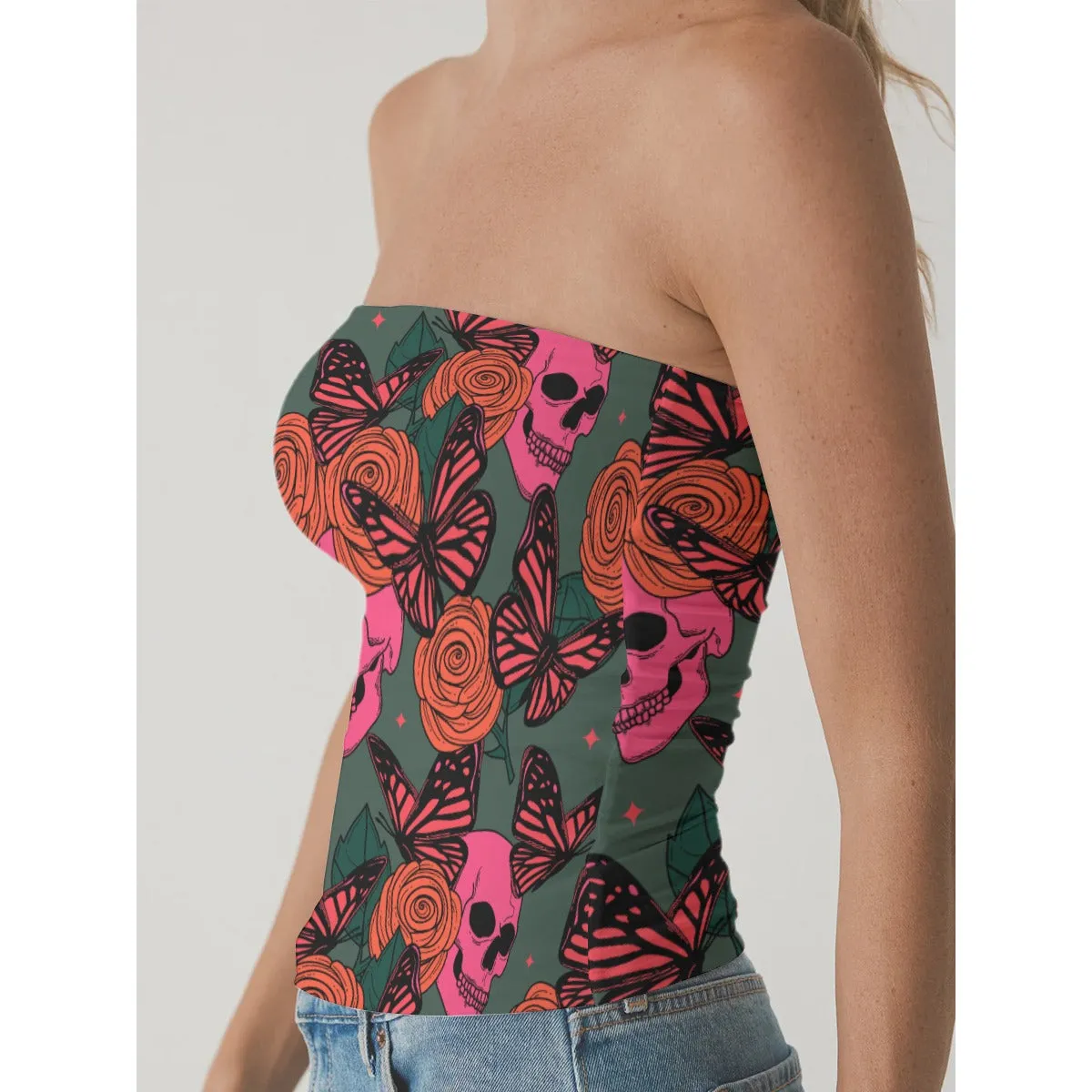 Skulls, Butterflies, And Flowers Double-Layer Strapless Top
