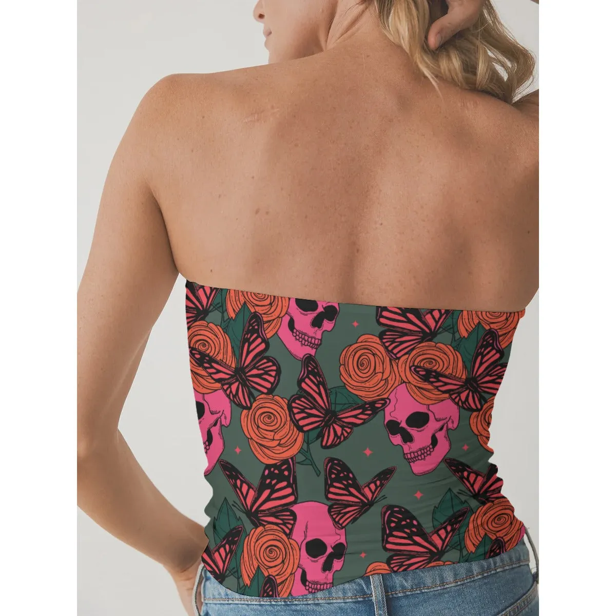 Skulls, Butterflies, And Flowers Double-Layer Strapless Top