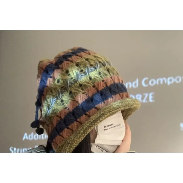 Striped Knit Bonnet Hat