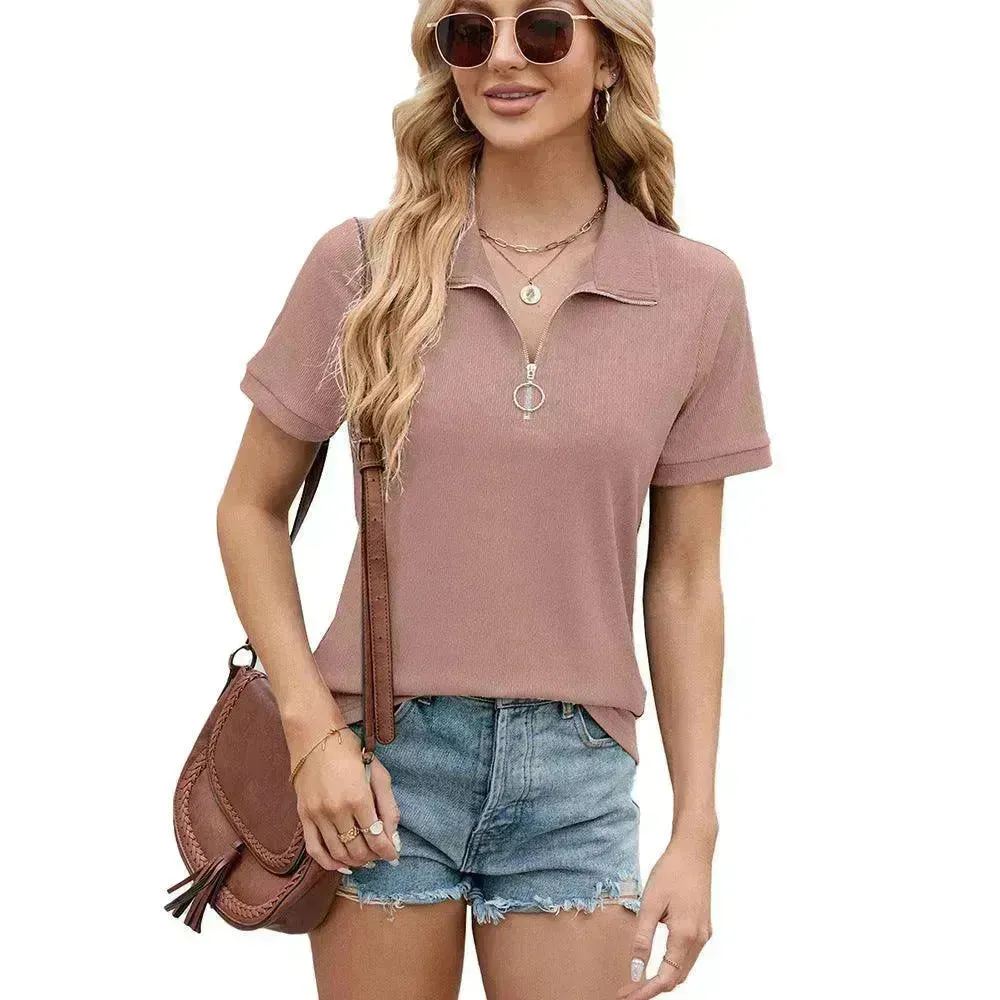 Summer Short Sleeve T-shirt Casual Loose Solid Color Zipper And Lapel Top For Women