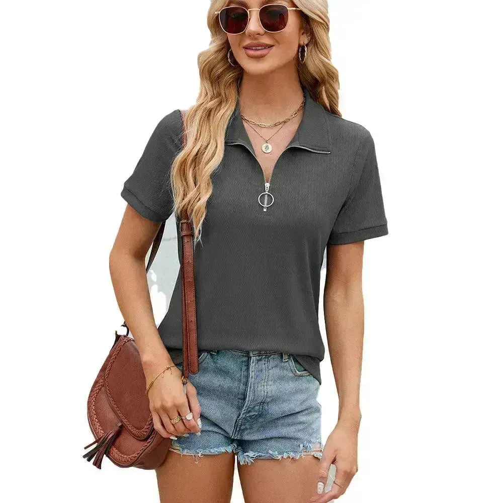 Summer Short Sleeve T-shirt Casual Loose Solid Color Zipper And Lapel Top For Women