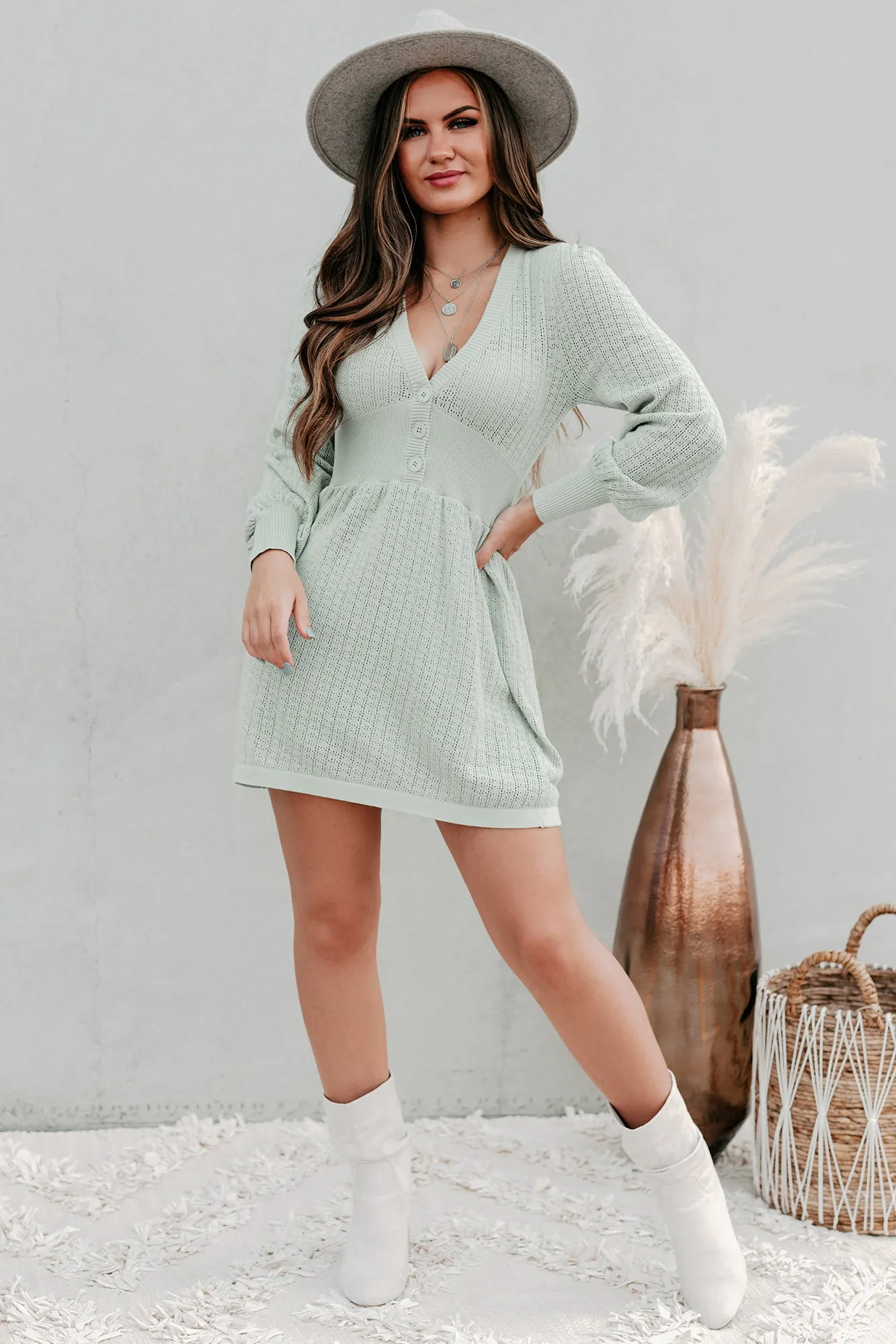 Swift Decisions Long Sleeve Button Front Sweater Dress (Dusty Sage)