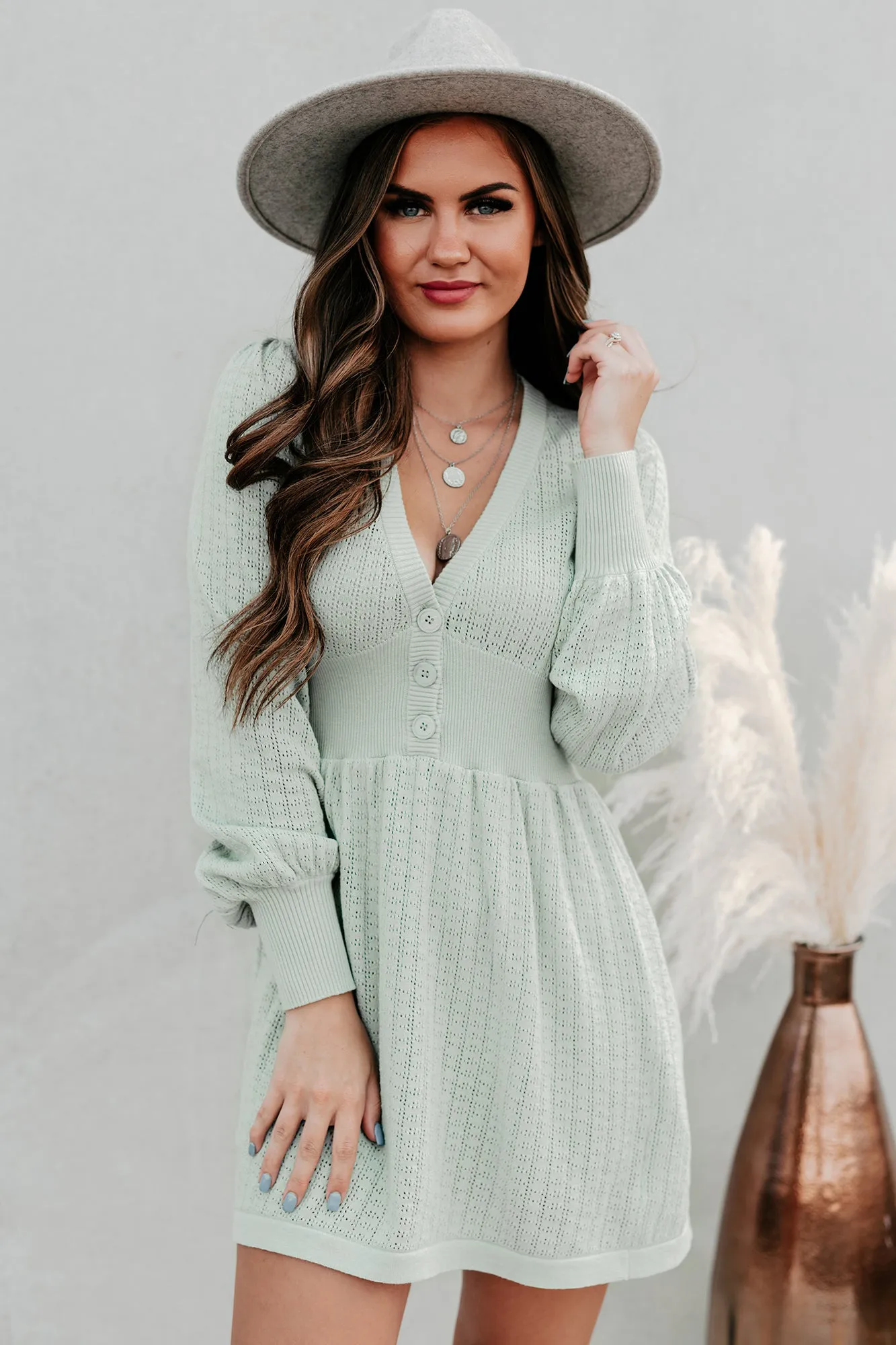 Swift Decisions Long Sleeve Button Front Sweater Dress (Dusty Sage)