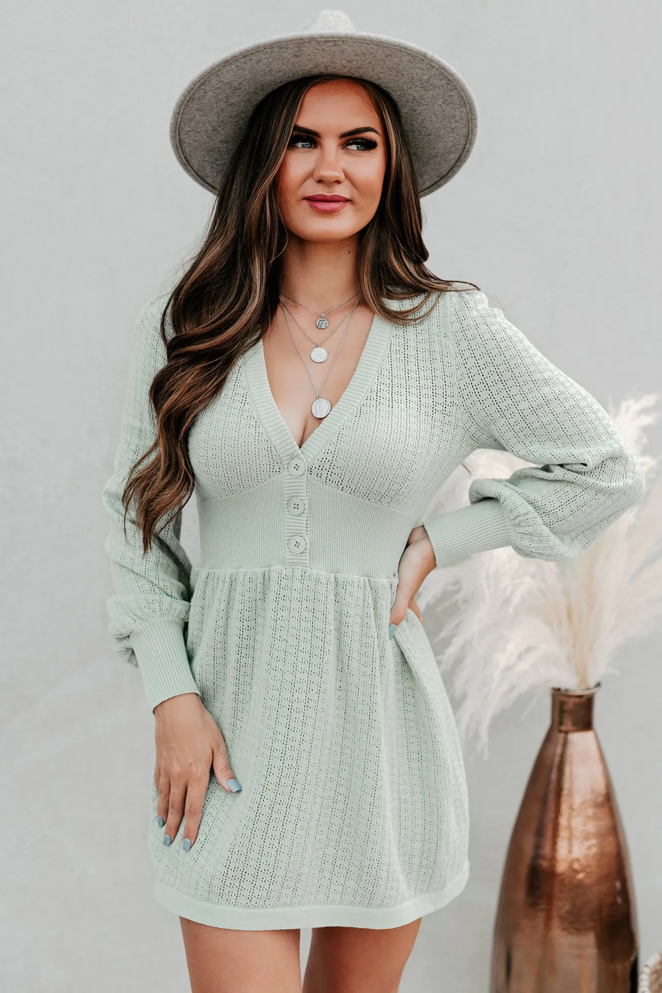 Swift Decisions Long Sleeve Button Front Sweater Dress (Dusty Sage)